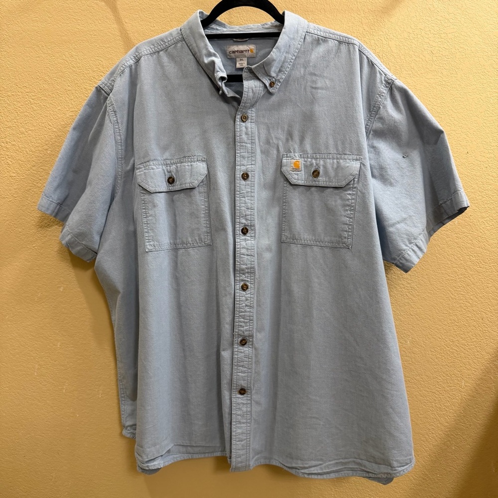 Carhartt Mens 3XL Relaxed Fit Button Up Shirt Short Sleeve Chambray Blue